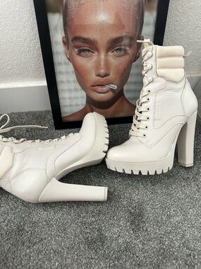 Guess Cream Lace-Up High Heel Combat Boots